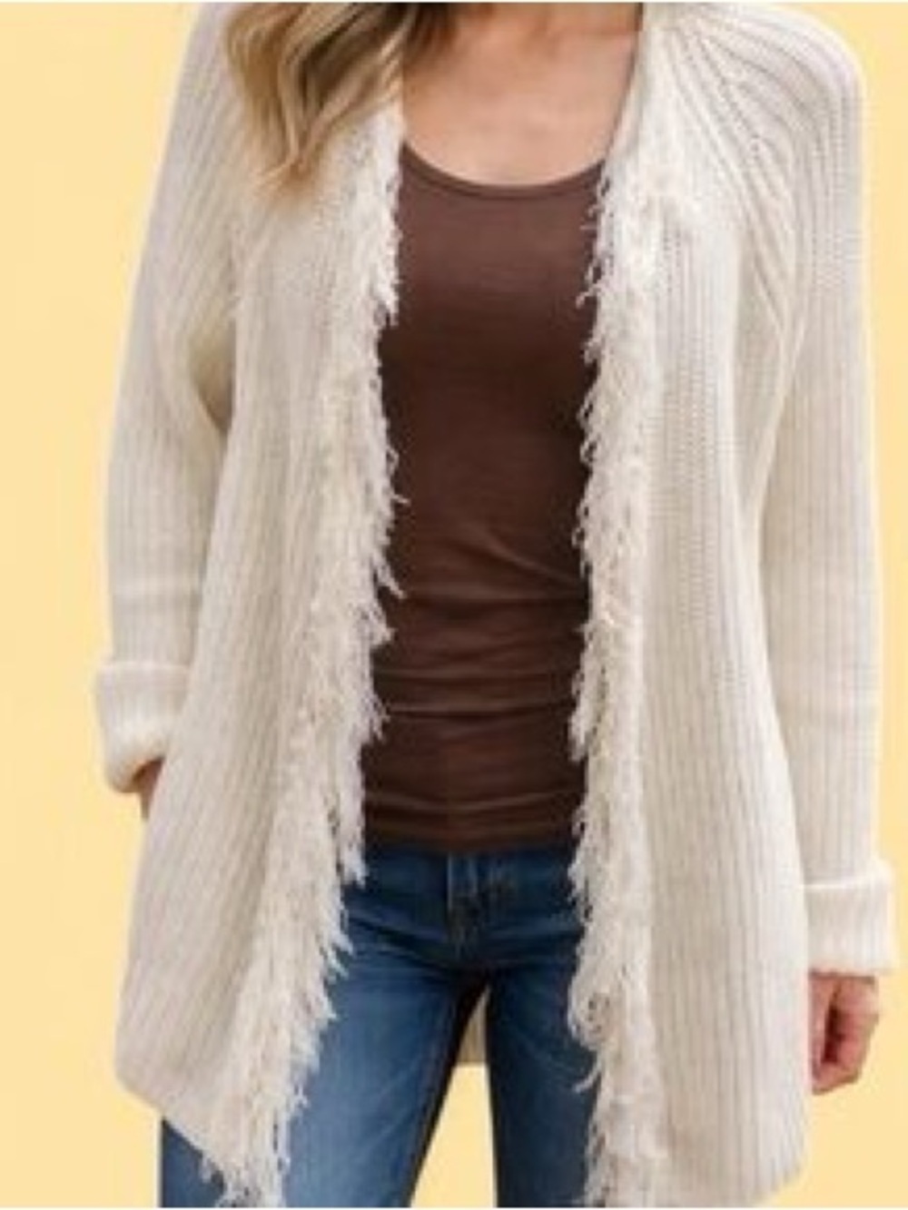 Chico’s Ivory Fringe Open Front Emily Longline Cardigan Sweater Size L/12